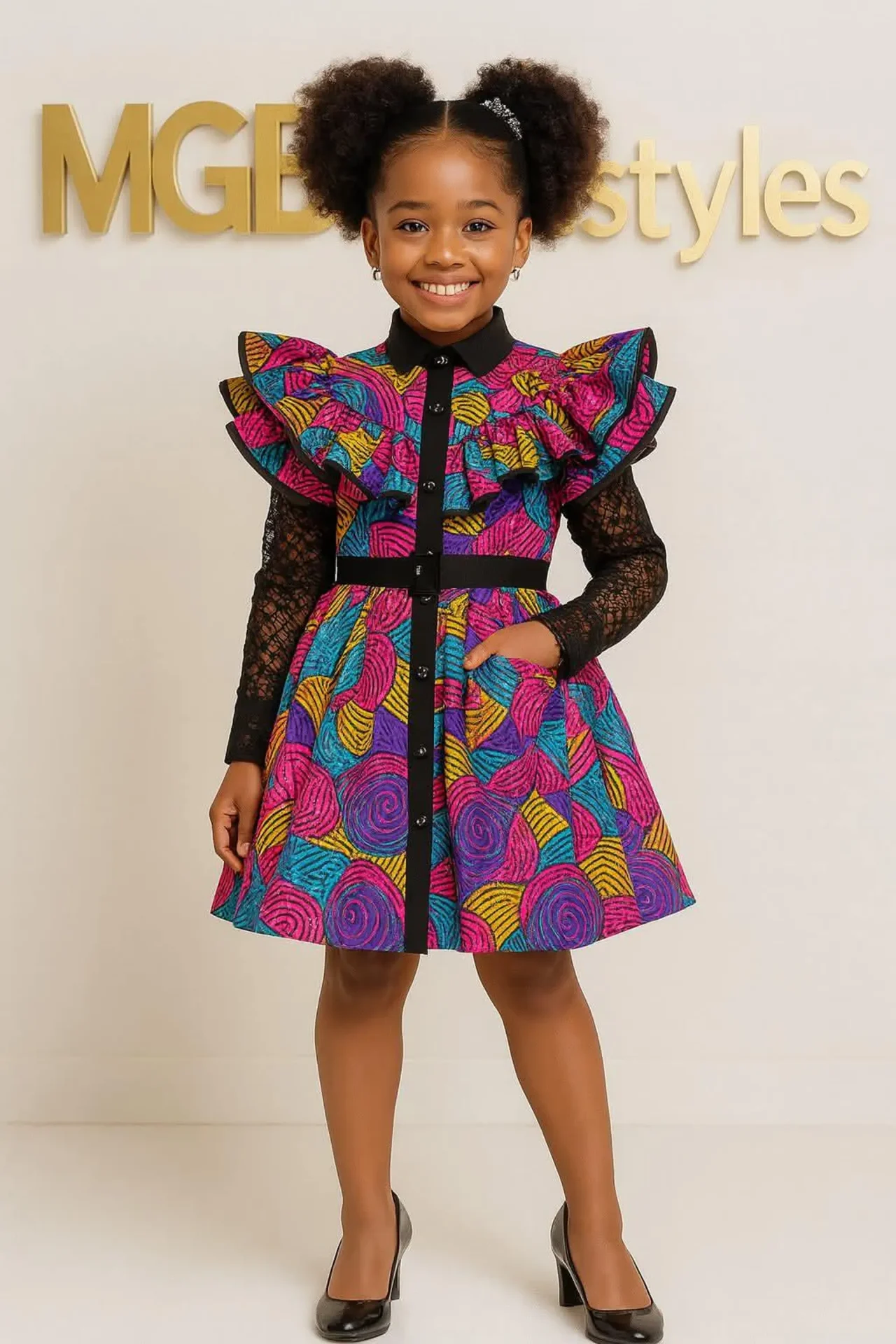 Girls' Ankara Ruffle Shirt Dress